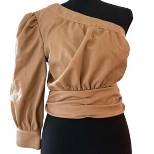 5 a'7 Cinq a' Sept One-Shoulder Puff Sleeve Camel-Colored Faux Leather Top